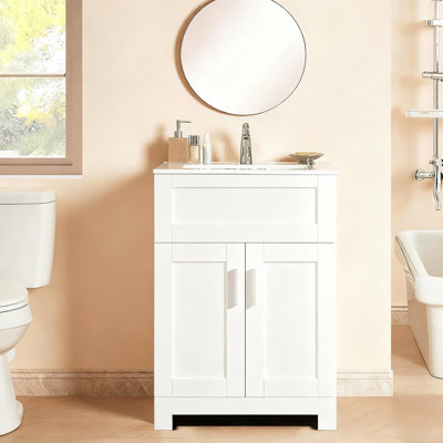 Meuble-lavabo de 24 po avec lavabo, meuble-lavabo autoportant moderne pour petite salle de bain, porte à fermeture douce et grand espace de rangement