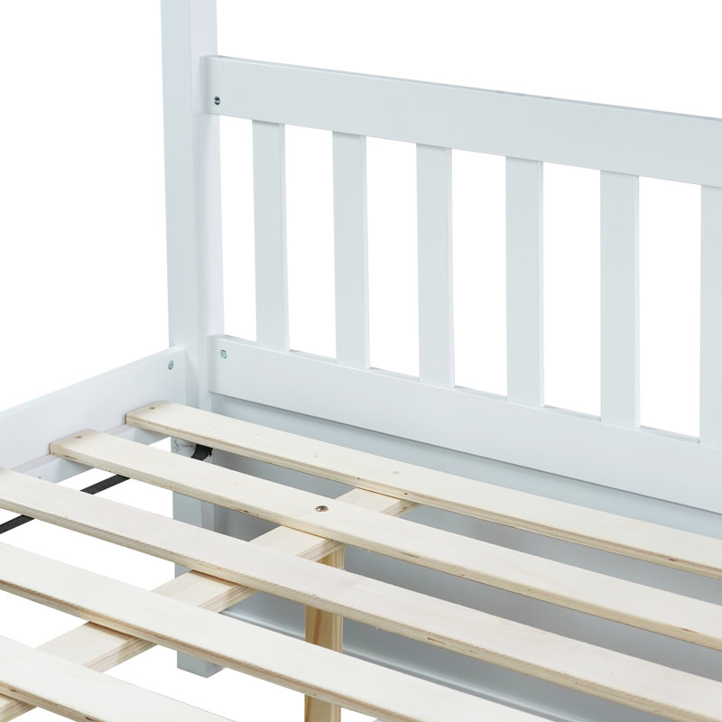 Lit superposé double en bois d'hévéa double avec lit gigogne simple, échelle et garde-corps, Blanc
