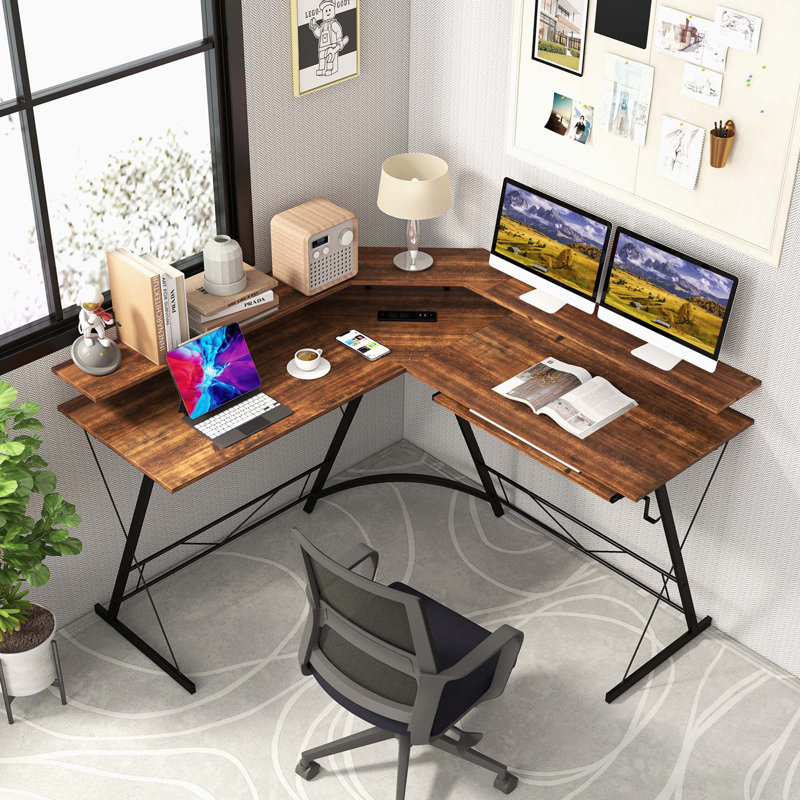 Mamurjon L-Shaped Metal Base Computer Desk with Power Outlet, Rustic Brown