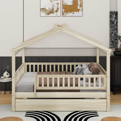 Full size wooden house bed with trundle