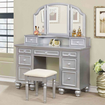 Meuble-lavabo 1 pièce avec tabouret, style transitionnel, éclat argenté, miroir à 3 côtés, rangement de tiroir en bois massif pour chambre à coucher et tonique, décor de tiroirs