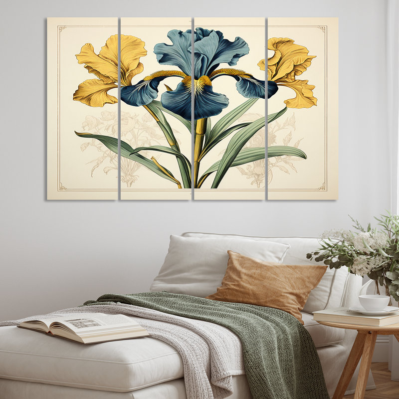 " Vintage Illustration Yellow Blue Irises " 4 - Pieces