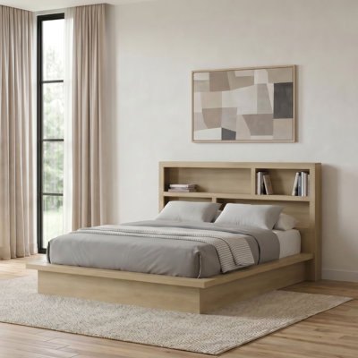 Hendricks Eastern King Bookcase Platform Bed with Open Cubbies and USB-A/USB-C Ports, Light Oak