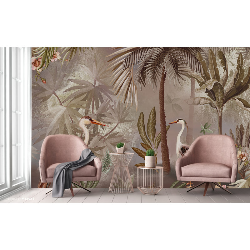 Papier peint Serene Tropical Oasis Herons And Palm Trees, L 117,96 po x l 131 po, Brun