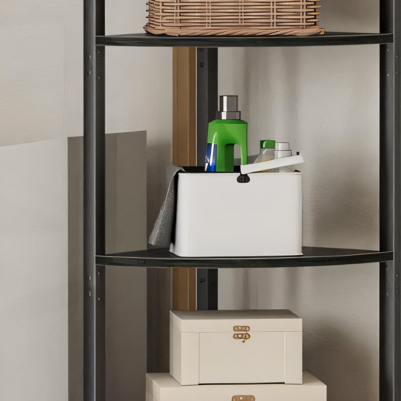 Six-Tier Corner Shelving Unit, 67.4 Inches, Black, Narrow Design, Metal Frame, Wood Construction, With LED Light. Suitable For Corner Use In Living Room Or Bedroom.