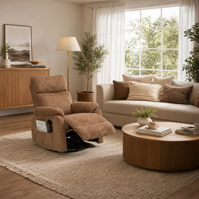 Manual Small Recliner Rocking Chair For Nursery/relaxation, Corduroy Swivel Glider Recliner For Living Room Bedroom, Brown Rocking Chair Nursery Recliners For Small Spaces, Side Pockets (brown)