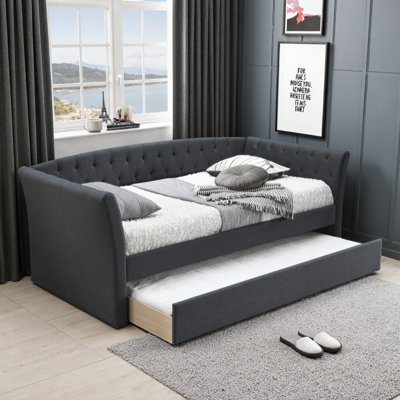 Contemporary Upholstered Day Bed with Pull-Out Trundle - Charcoal Button Tufted Design and Space-Saving Functionality for Modern Bedrooms