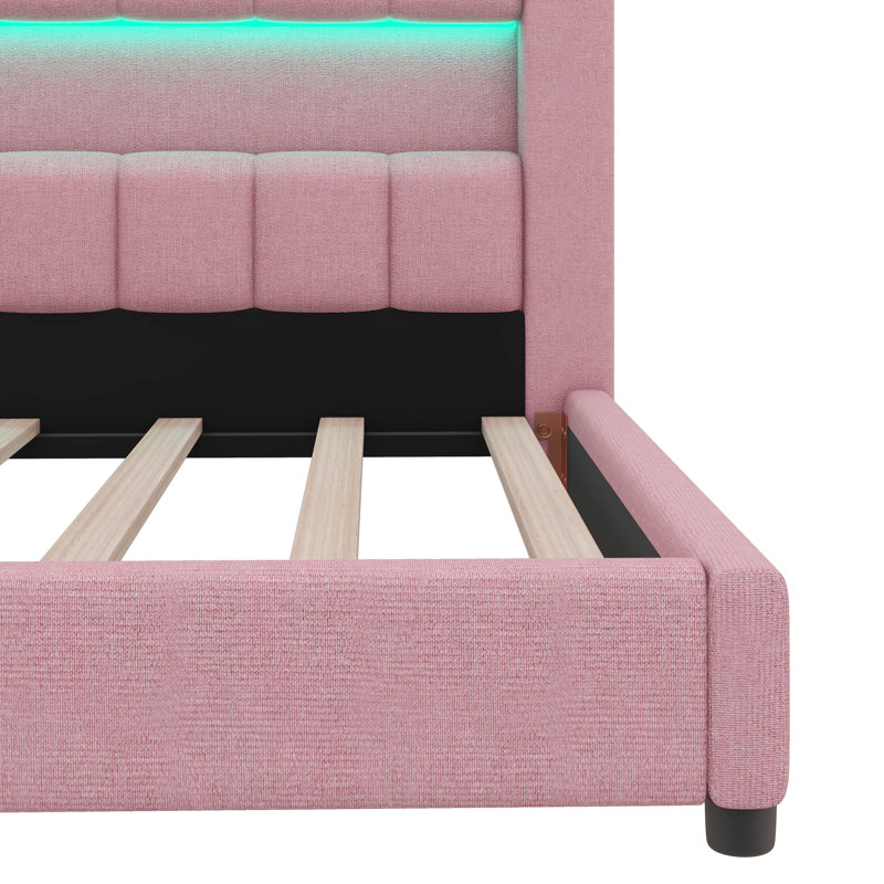 Twin XL Size Upholstered Daybed With Built-In Storage, L-Shaped Structure With LED Strip And USB Connectors, Linen Fabric Bed Frame