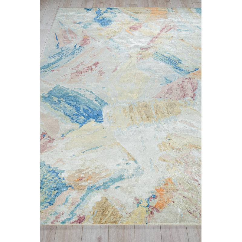 Exquisite Rugs Floor Art Hand-Knotted Bamboo Silk Silver/Blush Area Rug, Rectangle 10' x 14'