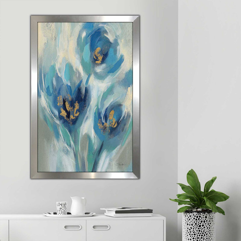 «Blue Fairy Tale Floral I» par Silvia Vassileva - Peinture, H 49,5 po x l 33,5 po x P 1 po, Encadrement argenté