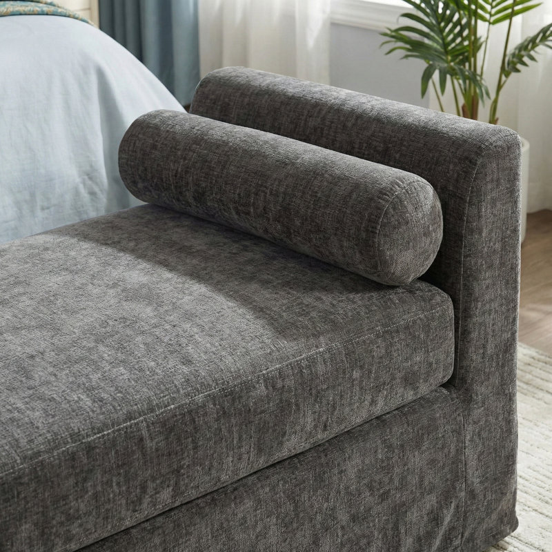 Banc moderne en chenille avec accoudoirs et deux coussins, Gris