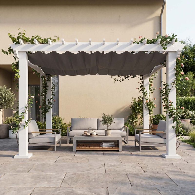 Pergola de terrasse 3,66 m de large x 3,05 m de profondeur avec auvent rétractable, structure en métal blanc thermolaqué, toile d'ombrage grise imperméable UPF50+, treillis de vigne