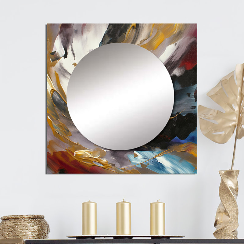 Art de miroir mural abstrait carré lisse doré et bleu II, 29 po x 29 po