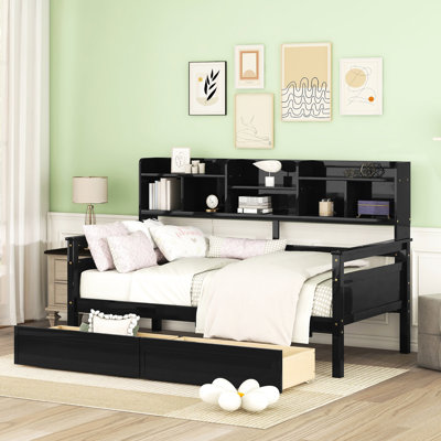 Twin Size Daybed In , With Solid Wood Slats And Functional Storage For Your Home Frame, Bedside Shelves, Two Drawer Compartments
