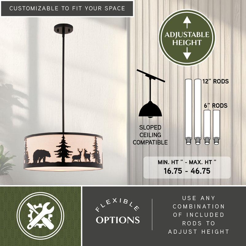 Jorene 3L Bronze Rustic Pendant Light White Linen Bear Deer Tree
