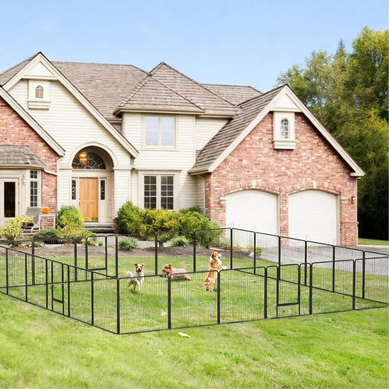 Parc pour chien, 24 panneaux, porte verrouillable, utilisation intérieure / extérieure, acier gris, piquets de sol et clôture de porte sécurisée, petits chiens moyens personnalisables, portes à trois étages