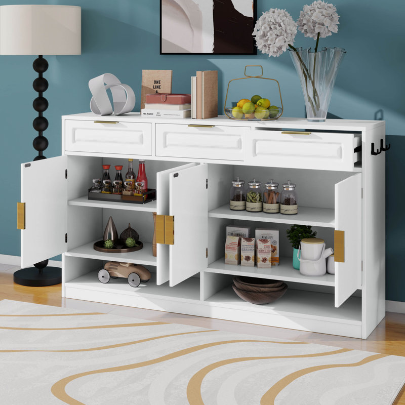 59.1" Sideboard Buffet With 3 Drawers & 4 Doors, Storage Cabinet With Adjustable Shelf & Open Compartments, Buffet Table
