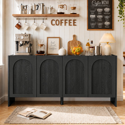 Buffet Archway 63 po à 4 portes en placage de bois massif avec design arqué et étagères réglables, grand buffet/crédence pour salon, cuisine ou entrée (noir)