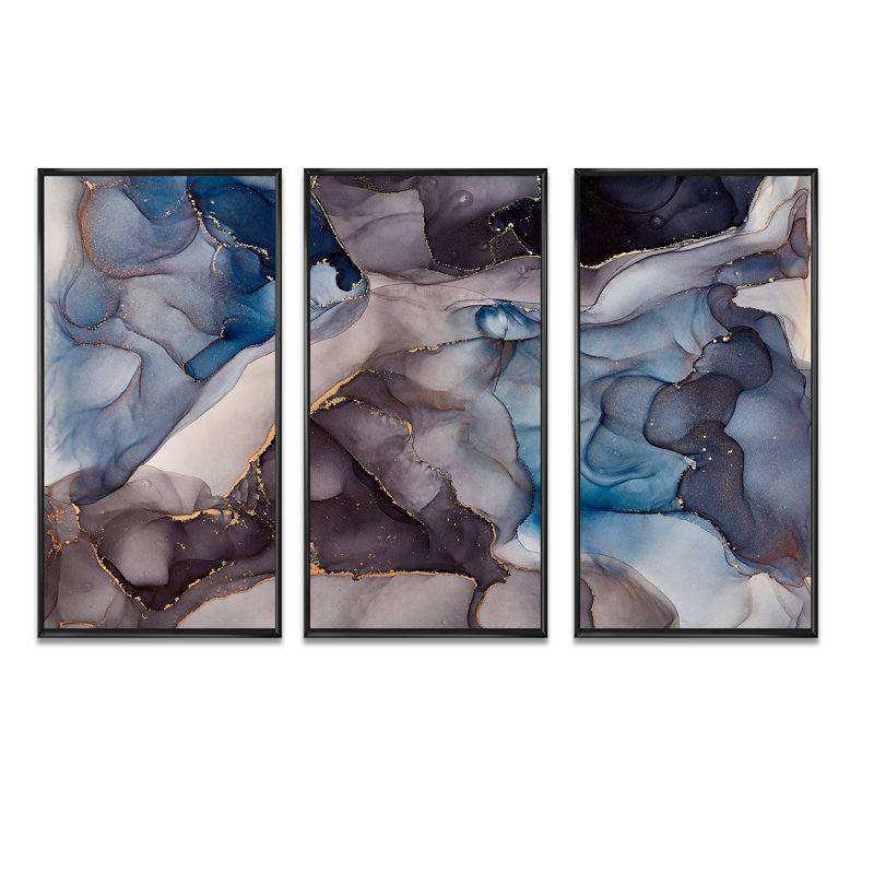 Gris et bleu, art abstrait fluide de luxe - ensemble d'art moderne sur toile encadrée moderne de 3, Noir