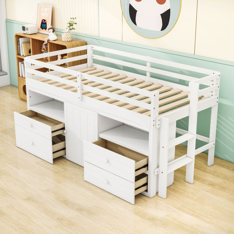 Twin Wooden Loft Bed With Storage Shelves, Drawers And Cabinet, White