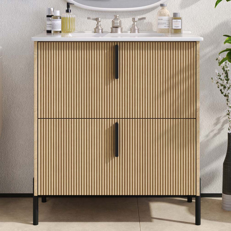 Meuble-lavabo de salle de bain avec lavabo en céramique et tiroirs pleine extension, Naturel