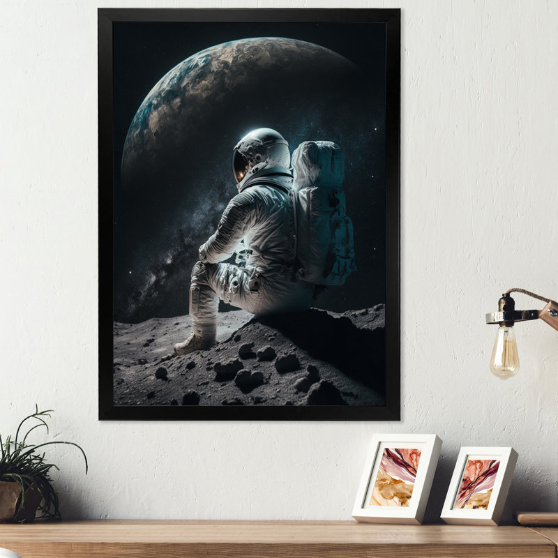 Spaceman on the Moon II - reproduction d'art sur toile, L 24 po x H 32 po, Cadre photo noir