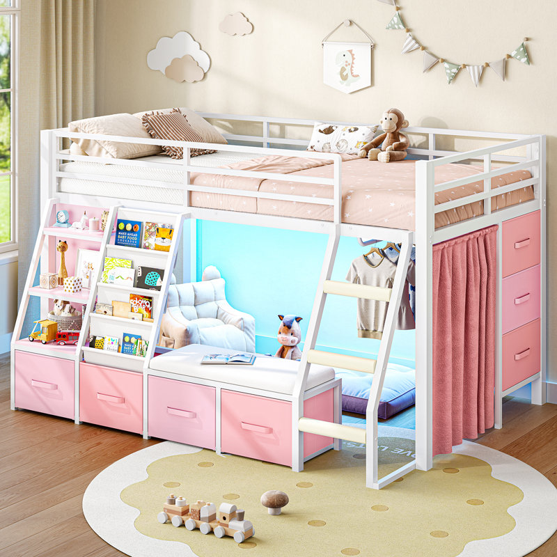 Low Loft Bed with Built-in Cushioned Seat & LED Reading Corner & 7 Storage Drawers & Bookshelves Metal Under-bed Play House Captain Bed with Curtain
