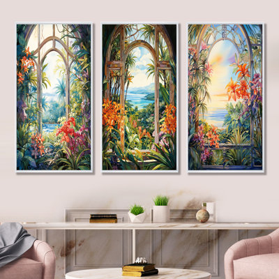 «Tropical Windows View Blooms I», ensemble de 3 reproductions d'art sur toile