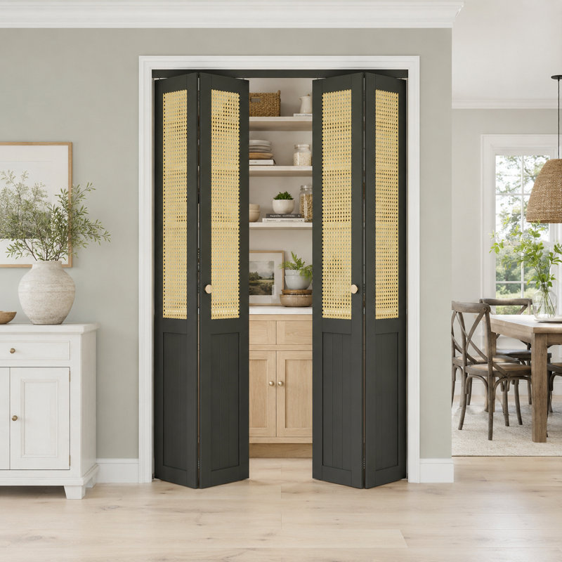 Porte pliante double en rotin noir 60 po x 80 po avec ensemble de quincaillerie d'installation, 60" x 80", Rattan