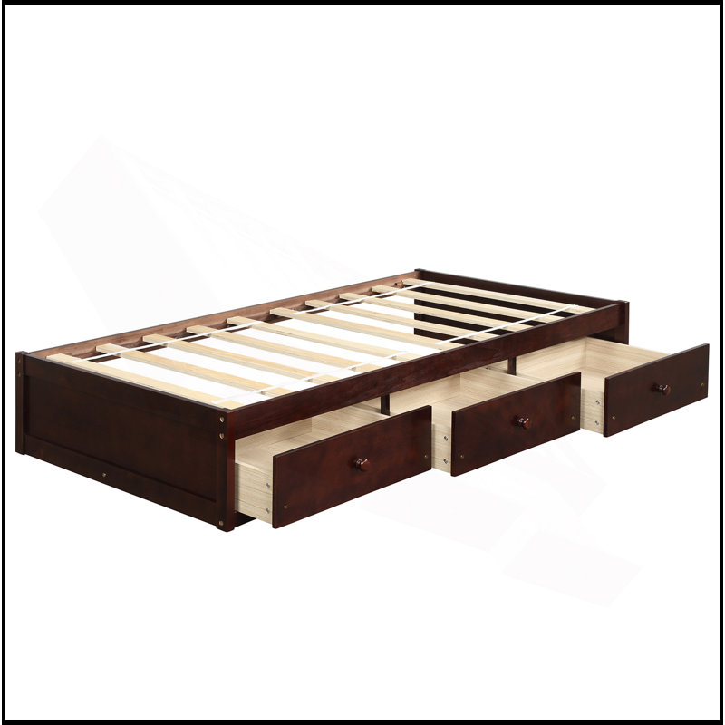 Orisfur. Lit plateforme simple avec rangement et 3 tiroirs, Cerisier