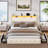 Upholstered Platform Bed with 4 Storage Drawers, Velvet Queen Size Bed with Storage Shelf Headboard&Charging Station&Led Lights, Beige-946315560-946315563