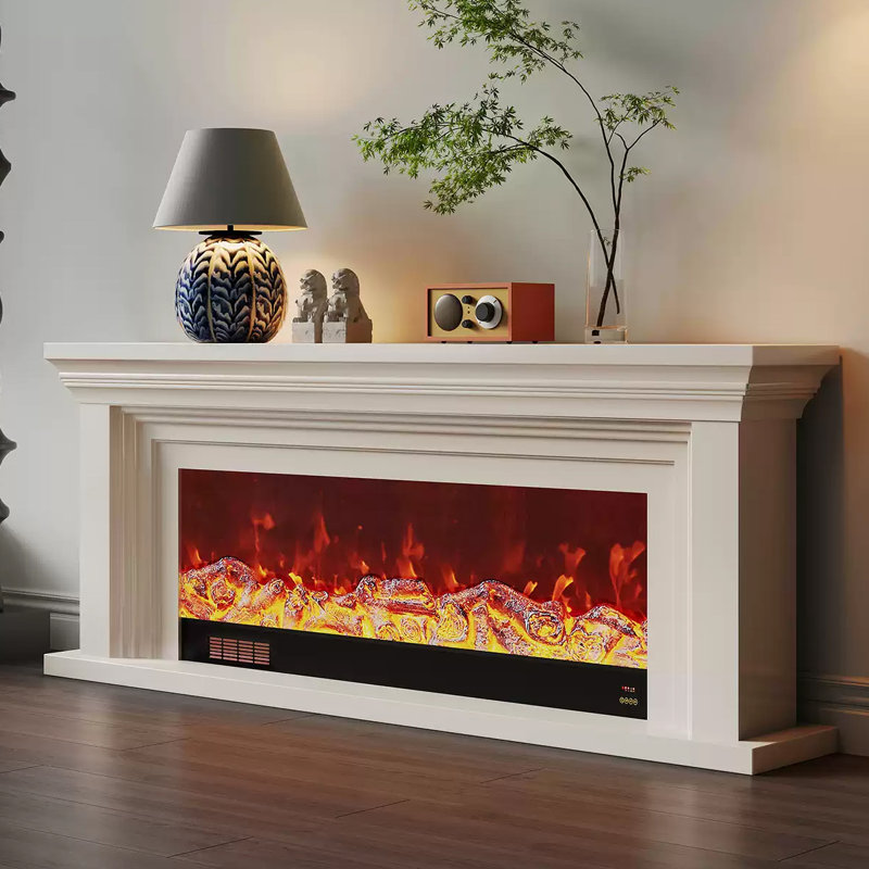 White Solid Wood TV Cabinet Heating Fireplace, White, 31.5" H x 70.87" W x 12.6" D