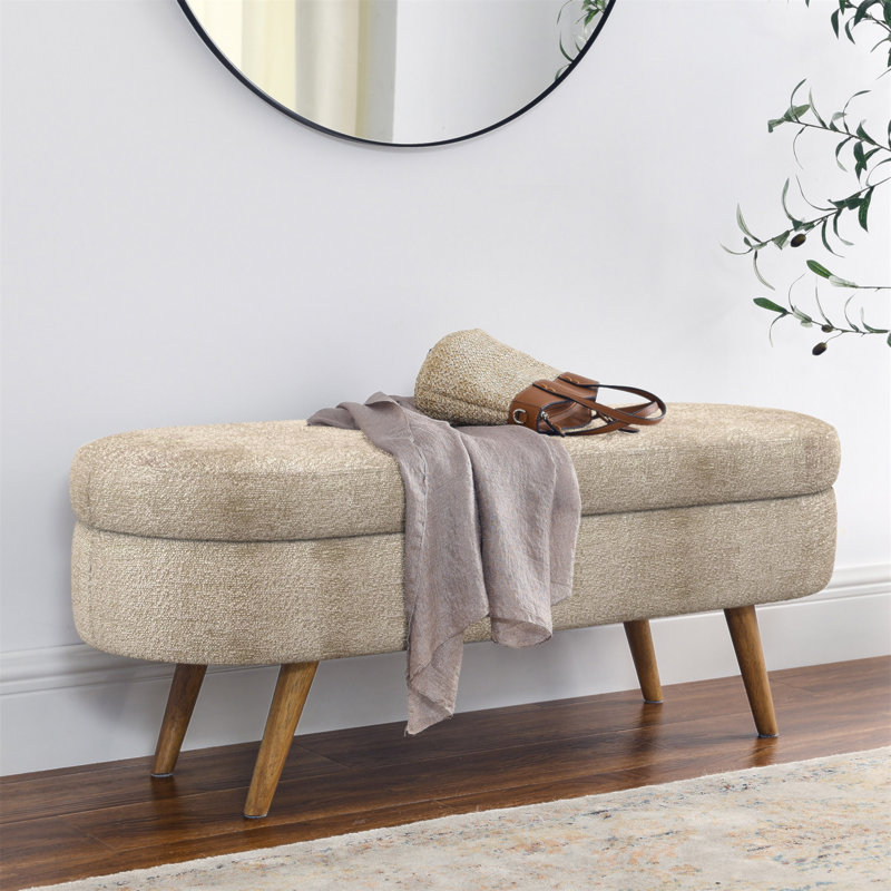Banc de rangement ovale brun, pieds en bois d'hévéa, fabriqué à la main, repose-pieds, siège, tissu plissé, fabrication en bois franc, tabouret de pieds, place assise,