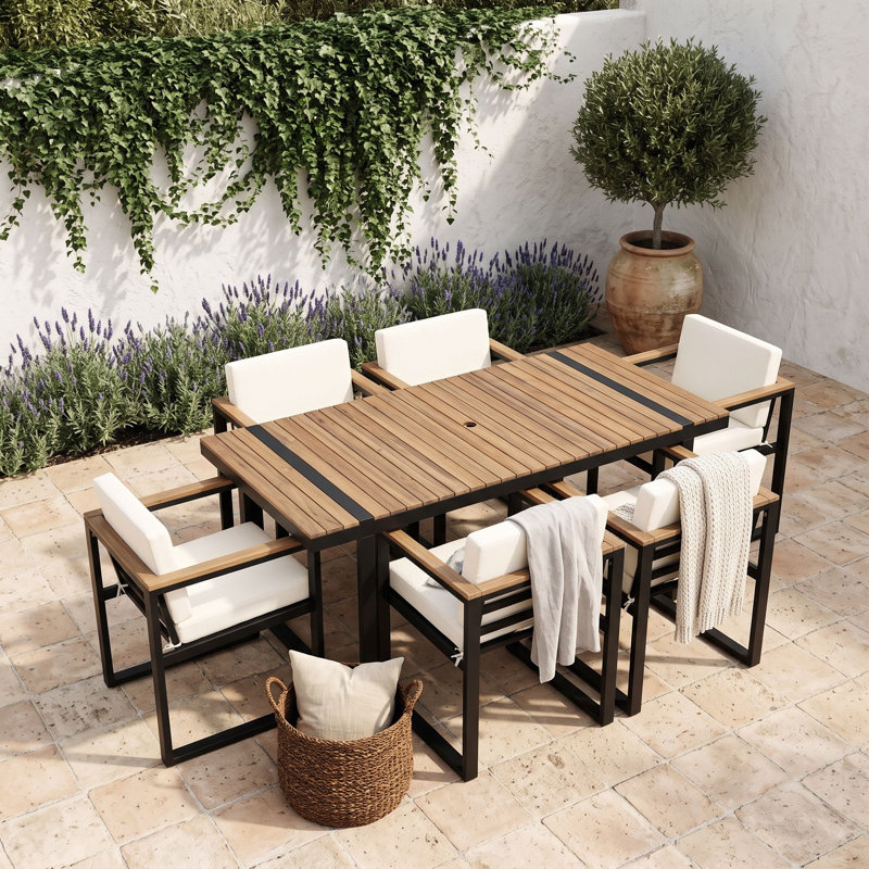 Ensemble repas d'extérieur avec table et chaises, avec coussins imperméables résistants aux rayons UV et trou pour parasol