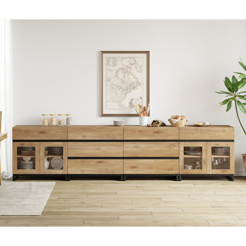 Buffet 4 en 1 moderne avec tablettes réglables et 8 tiroirs, armoire à café pour le salon, cuisine, Chêne