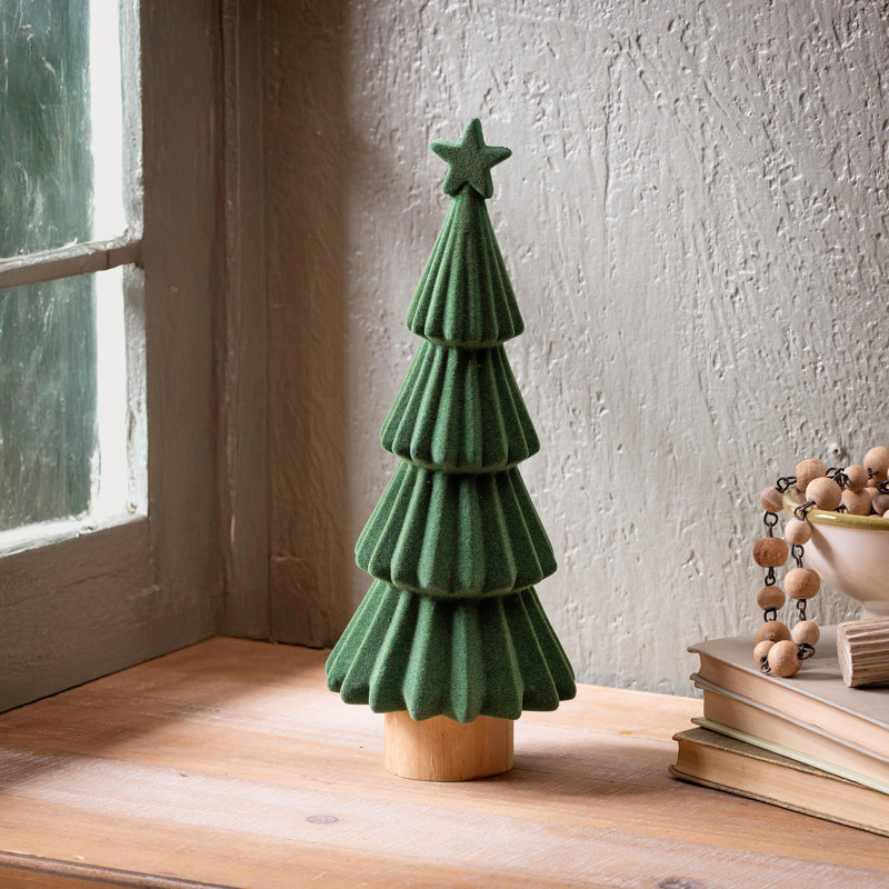 Flocked Ceramic & Wood Christmas Tree Table Décor