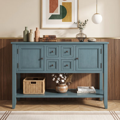 Console rétro avec 4 tiroirs, 2 armoires et une tablette de rangement inférieure pour le vestibule ou la cuisine