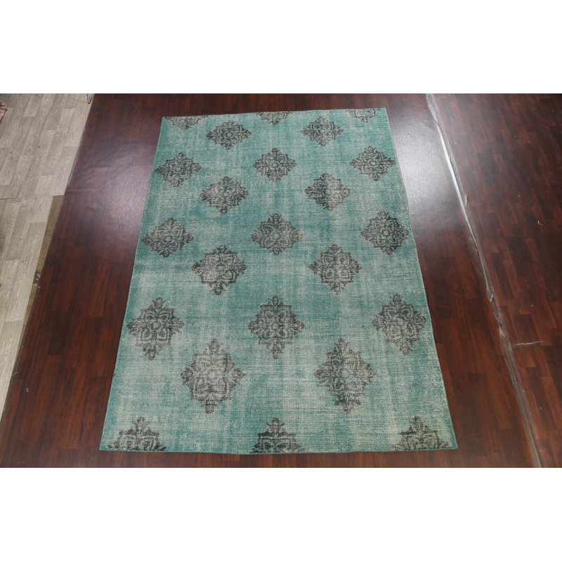 Tapis vert en laine noué à la main de conception unique 7 pi 10 po x 11 pi 1 po New Age