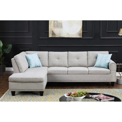 98" Left Hand Facing And Chaise In Gray Linen Blend, Stylish L - Shaped Sectional With Round Arms, Back Cushions, Nailhead Trim, Supportive Foam Filled Removable Backs, Seats Five, Ideal For