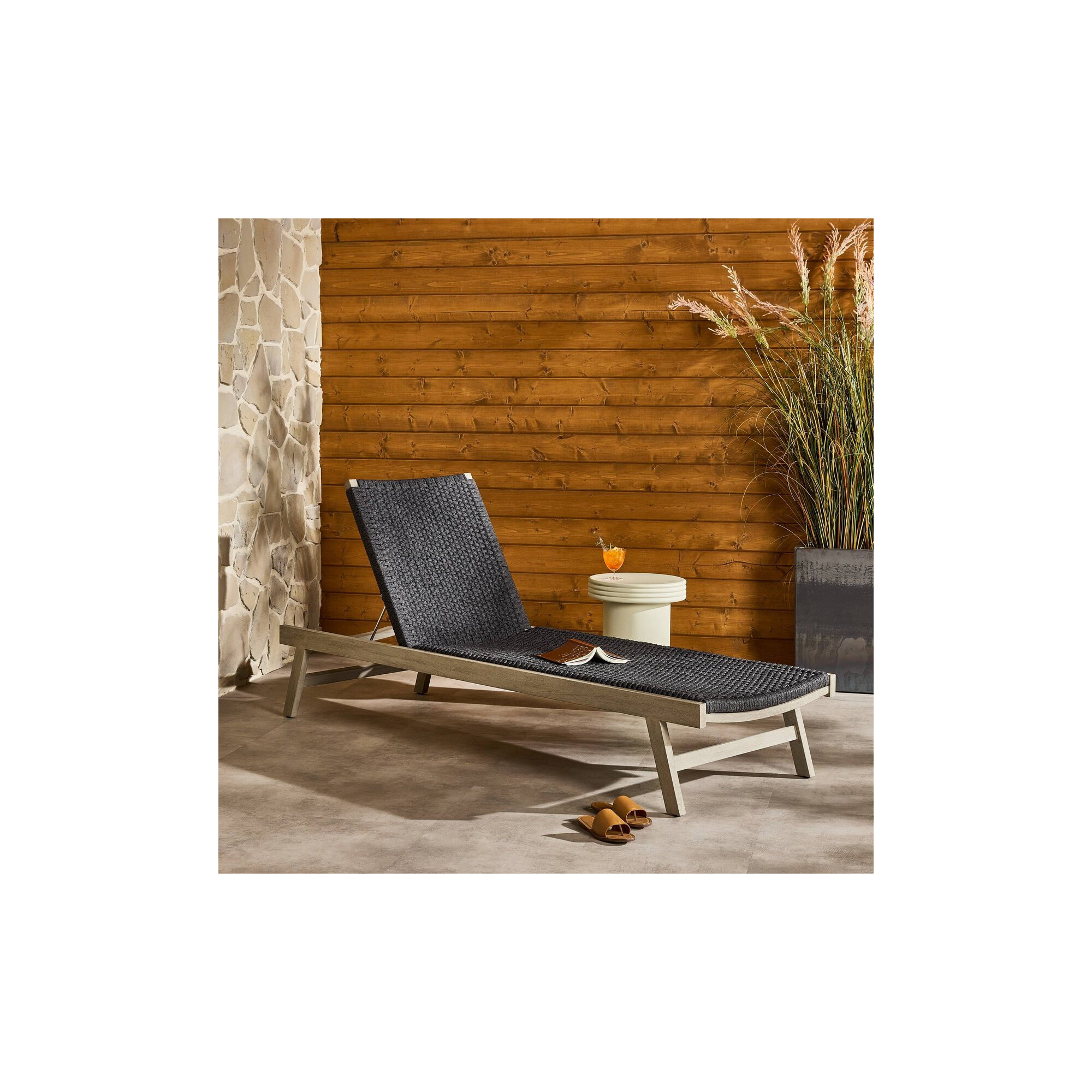 Neecy 27.5'' Outdoor Teak Chaise Lounge, Weathered Gray/Black
