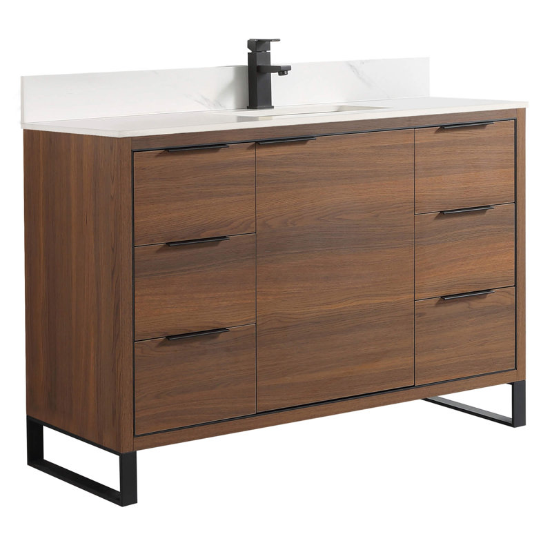 Meuble-lavabo simple autoportant 48 po avec plateau en pierre Gerwyn, Noir mat, Noyer ébène