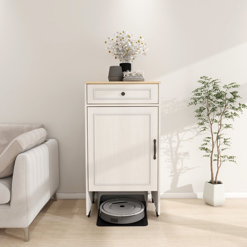Robot aspirateur avec roulettes, support de rangement pour robot avec portes et tiroirs, table d'appoint pour salon, bureau personnel, cuisine - blanc antique