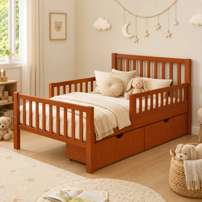 Minimalist Style Both Sides Guardrails Wood Platform Bed With Two Storage Drawers And Headboard