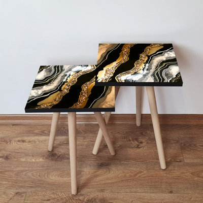 Elegant Marble Nesting Table Set (2 Pieces), Abstract Design, 13.8 x 18.5 x 13.8 inches & 13.8 x 16.5 x 13.8 inches | 100% MDF with Beech Wood Legs, Sturdy & Stylish for Living Room, Modern Home Décor