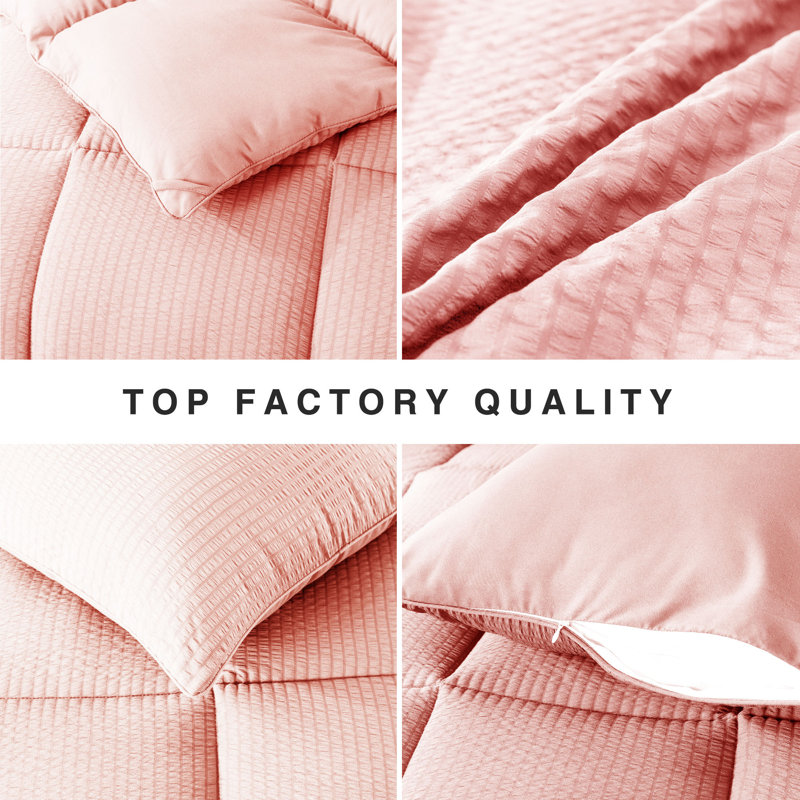 All Season Down Alternative Quilted Comforter Set-Soft Microfiber Seersucker Bedding Set Textured, Pink