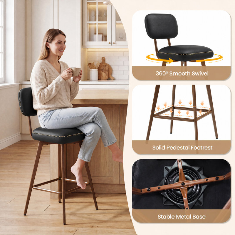 Swivel Upholstered Counter Stool with Metal Frame, Black