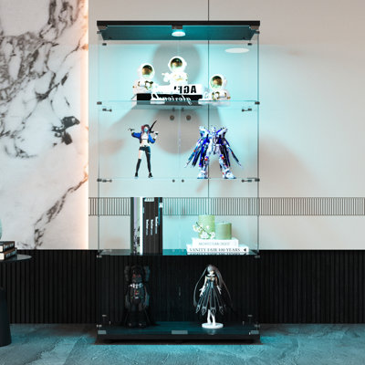 Two-Door Led Lights Glass Display Cabinet, 4 Shelves Curio For Bedroom, Living Room, Office, 64.7"X31.7"X14.3", Black - Space Utilization 2 Doors Cabinet With Lights, Sophisticated Look