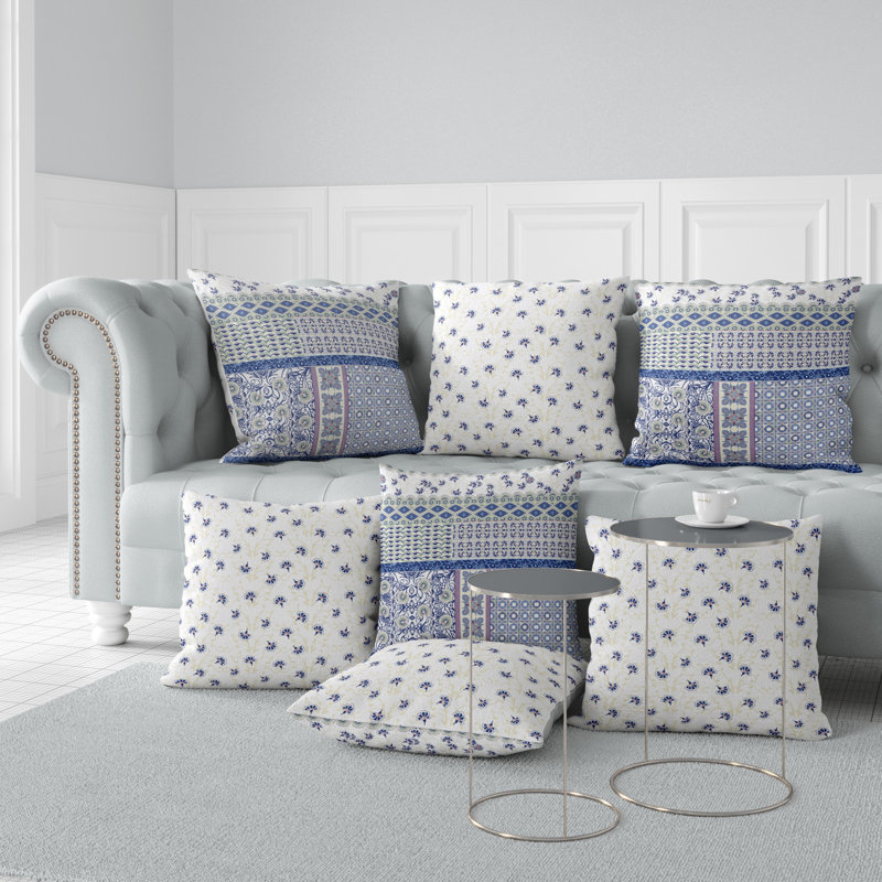 Polyester Throw Square Pillow Cover & Insert, White/Gray/Blue, 16" x 16"