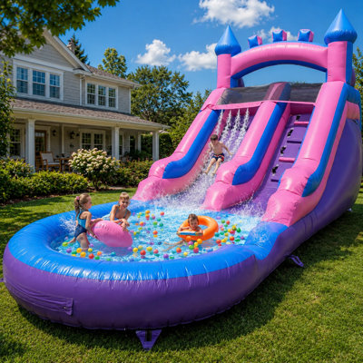 21 FT Commercial-Grade PVC Inflatable Water Slide with Splash Pool & Air Blower, Purple and Pink