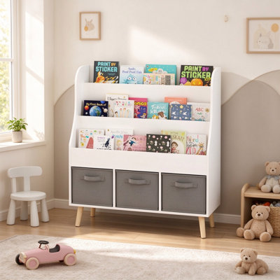 Kids Front Facing Bookshelf with 3 Fabric Storage Bins, Wooden Toddler Book Rack with Solid Wood Legs, Children Toy Storage Organizer for Playroom, Nursery, Kids Bedroom